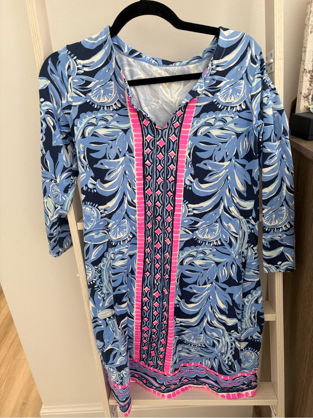 Lilly Pulitzer Navy and Light Blue Leaf-Print Midi Dress with Pink Trim